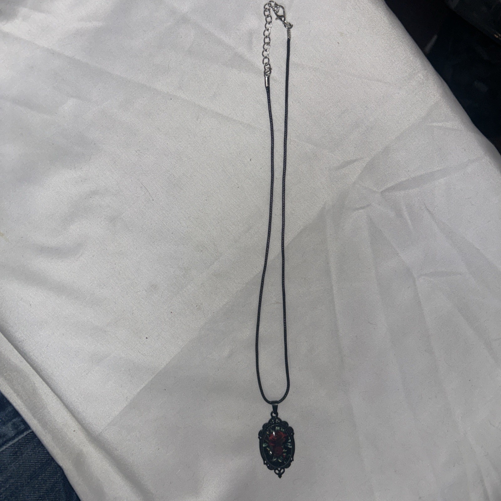 Black Chain Necklace with Burgundy Red Rose Cameo Pendant 20” Long W/extension