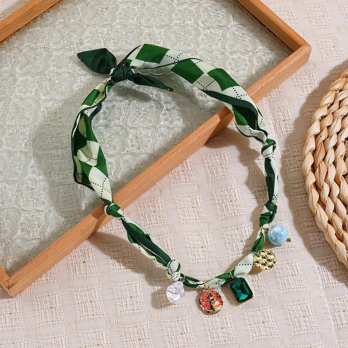 Scarf Bandana Necklace with Charm Colorful Silk Flower Crystal Medium, Green