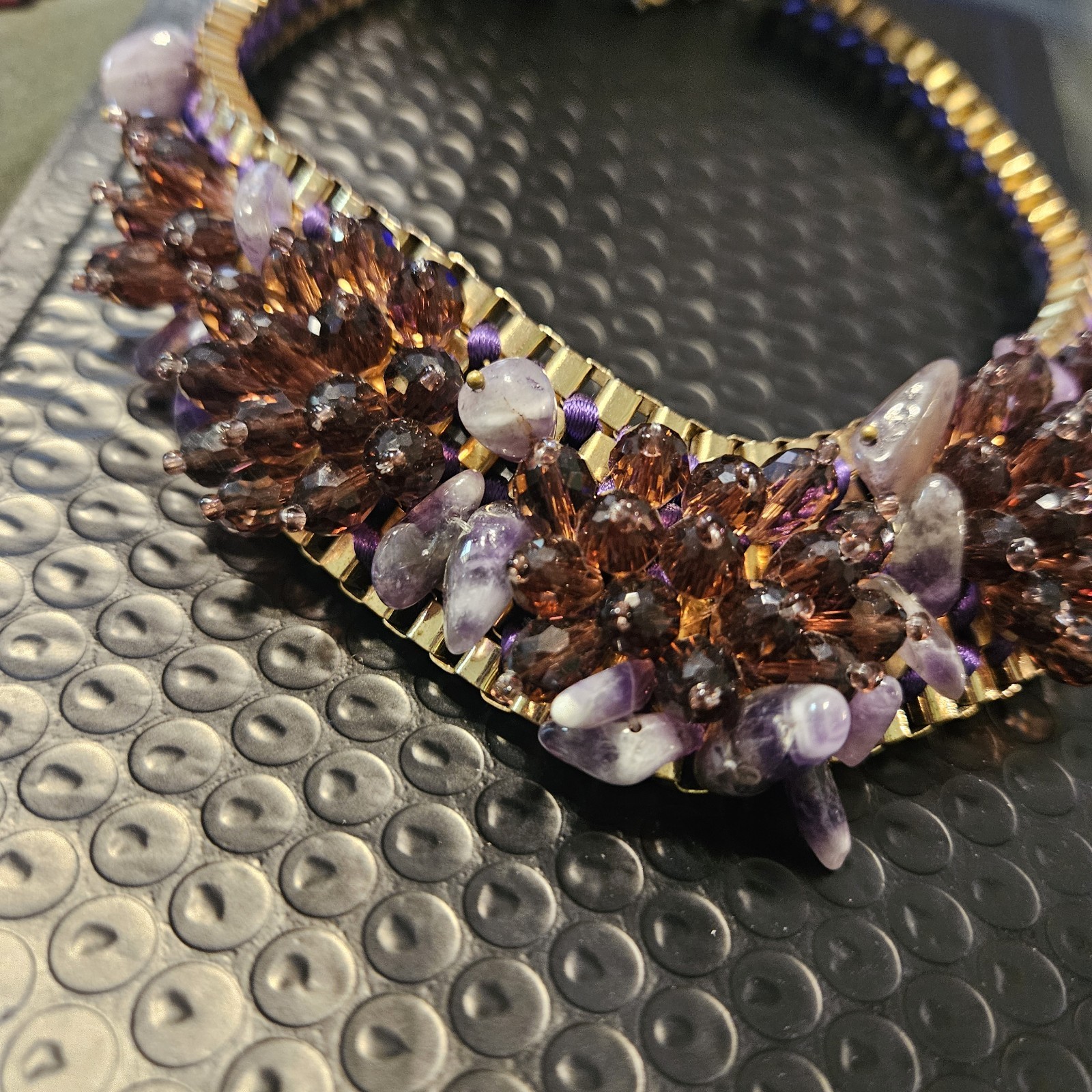 Purple Gold Tone Statement Bib Necklace Crystal Cluster Link Chain Adjustable
