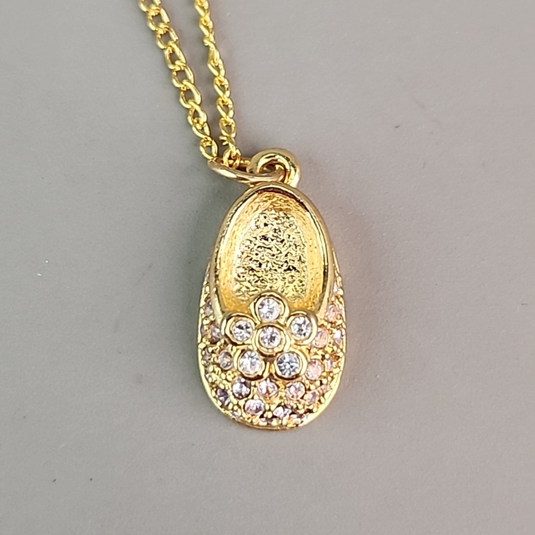 Firenza Baby Shoe Charm Necklace May Birthstone Clear Rhinestones Gold Tone 17mm