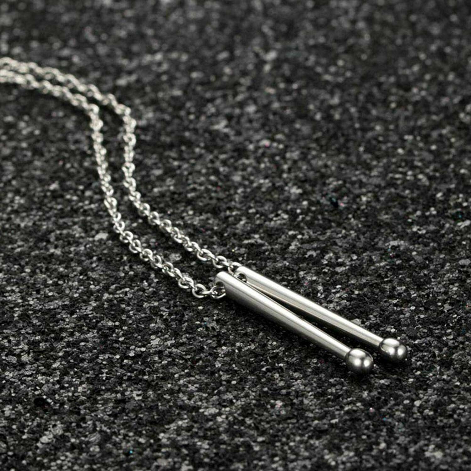 Drummer Drumstick Pendant Necklace Stainless Steel 20″ Silver Band Jewelry