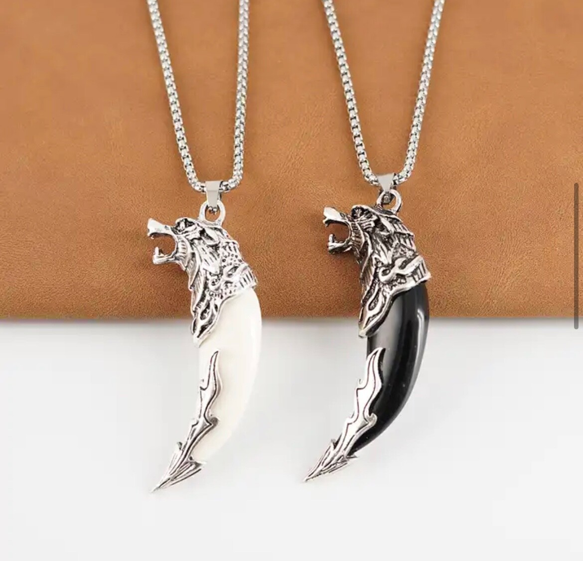 Men’s Fashion Jewelry Silver Viking Wolf Black Ivory Pendant Necklace 1-230