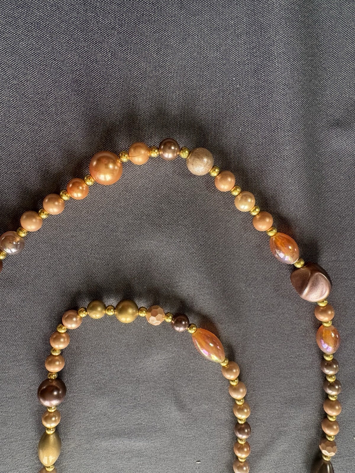 Vintage Beaded Necklace Long Rose Gold Brown Mixed Media Faceted Beads