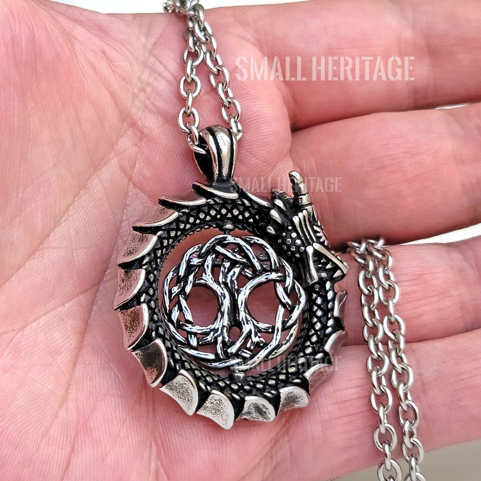Viking Dragon Necklace 316L Stainless Steel Pendant Chain Norse Amulet Yggdrasil