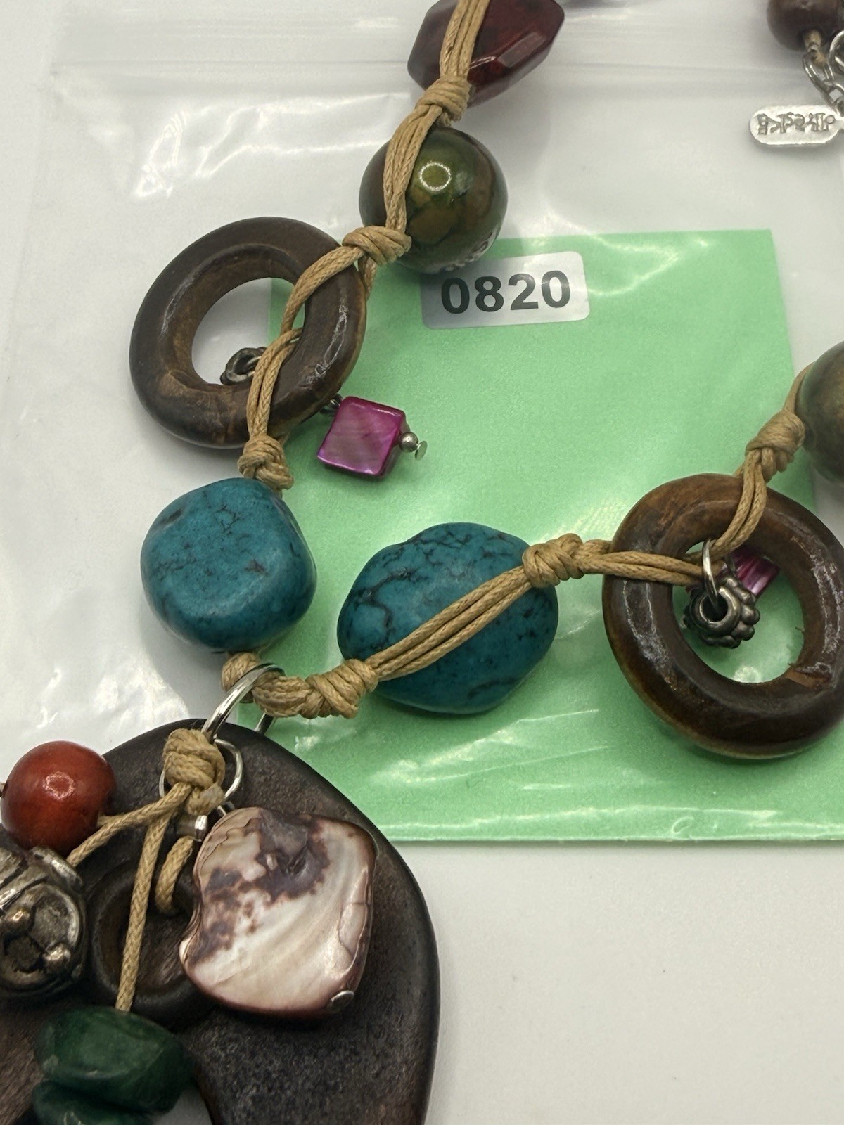 Treska Necklace Boho Statement Mixed Media Wood Faux Turquoise Bead Artsy 17-20”