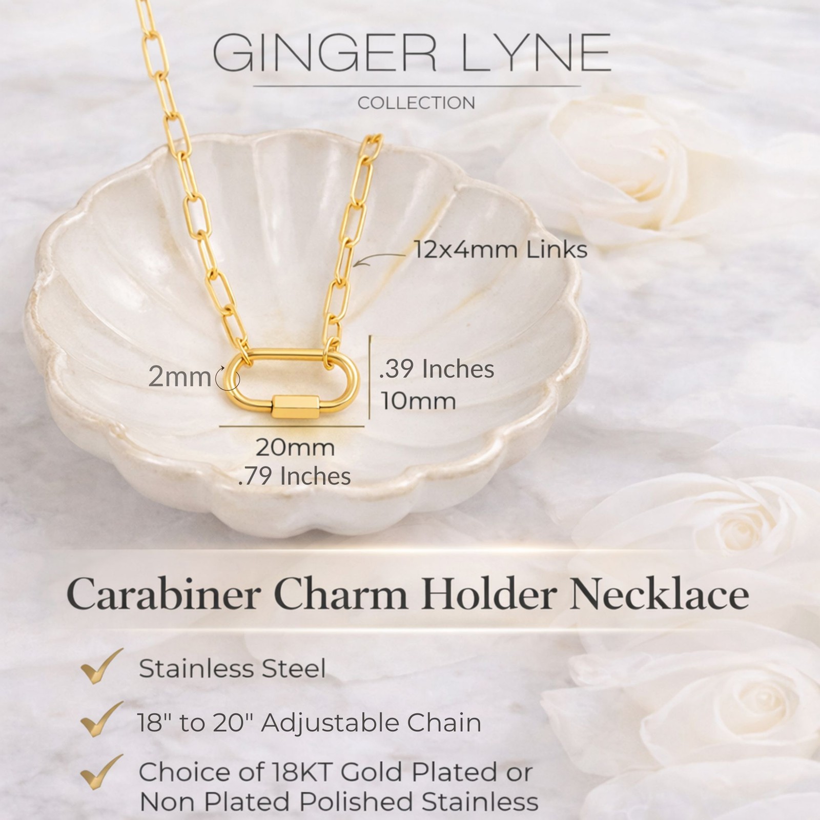 Carabiner Charm Holder Necklace for Women by Ginger Lyne 18KT Gold Plated Sta…