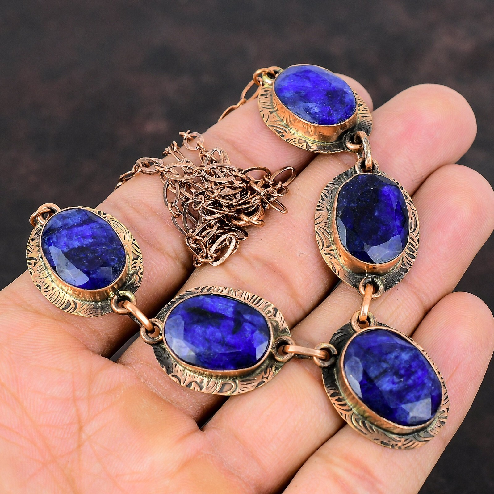 Womens day Sale Oval Blue Saphir Gemstone Copper Sister Bezel Necklace Jewelry