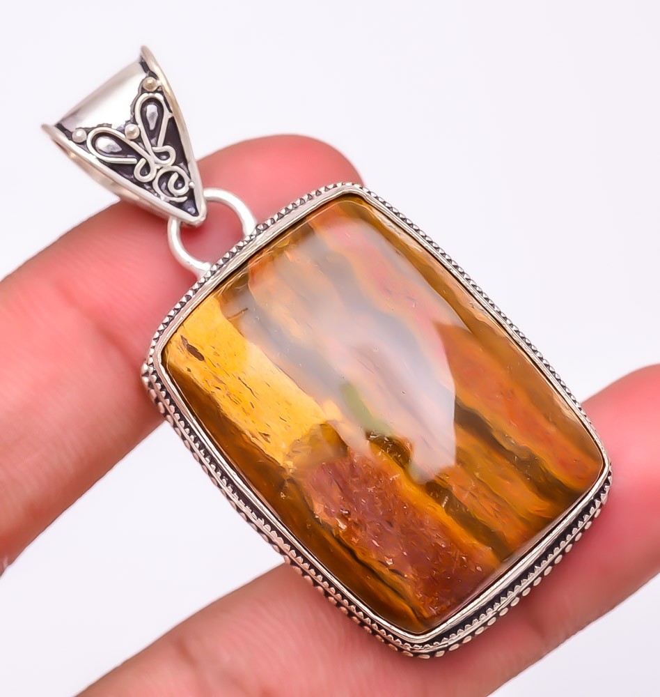 Natural Wave Jasper Gemstone 925 Silver Plated Pendant 2.2″ (7490)