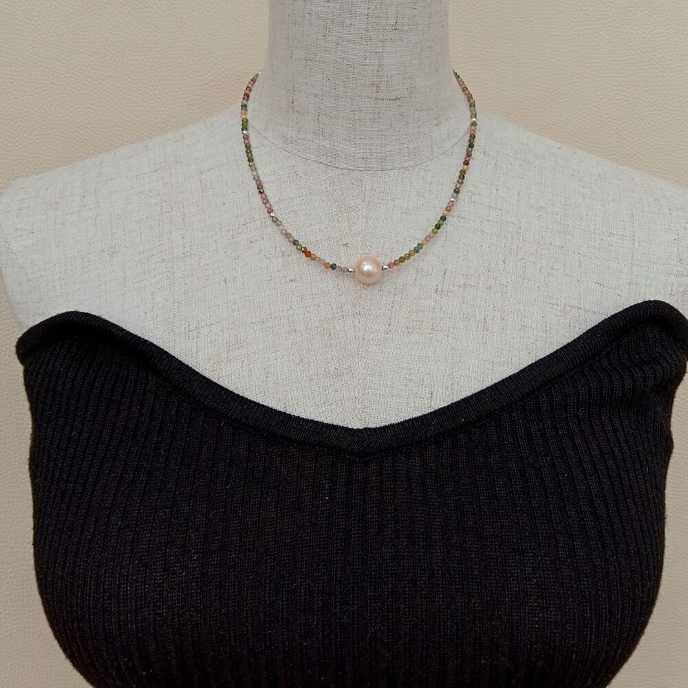 Natural Multi Color Tourmaline Pink keshi Pearl Choker Necklace silver clasp