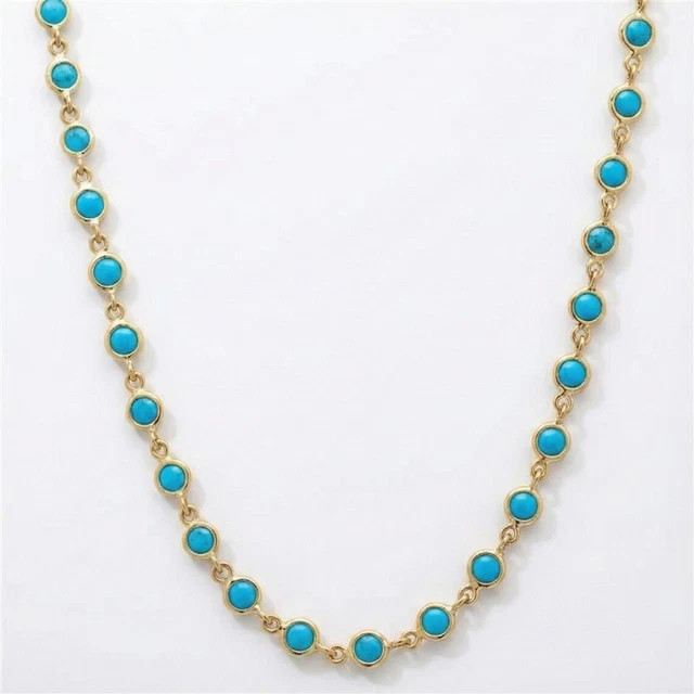 14K Yellow Gold Plated Round Sleeping Beauty Turquoise Station Necklace Lobster