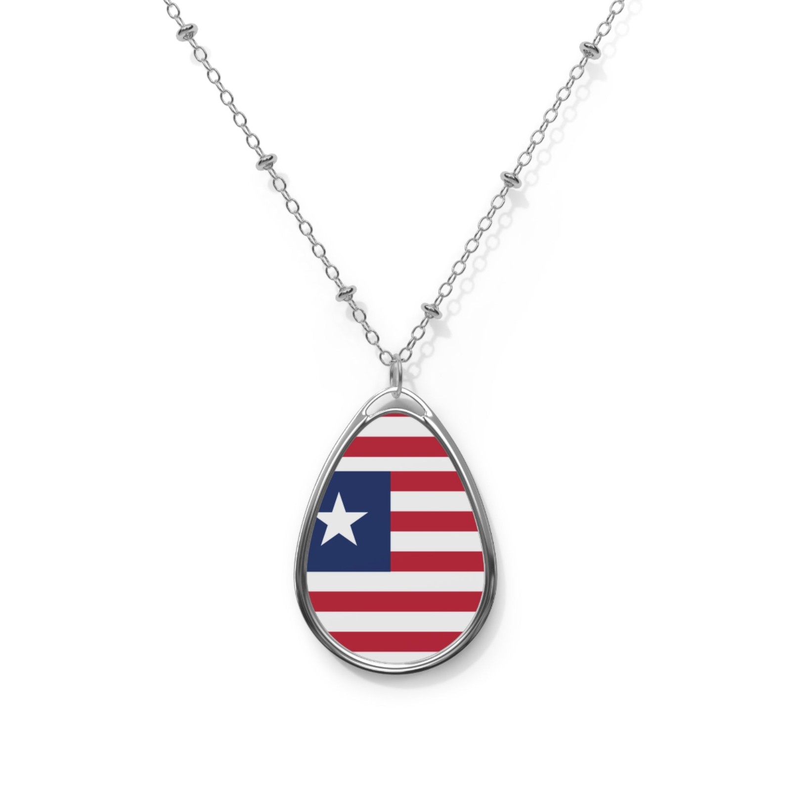 Liberia Flag Oval Necklace – Liberian Heritage Pendant – One Size / Silver