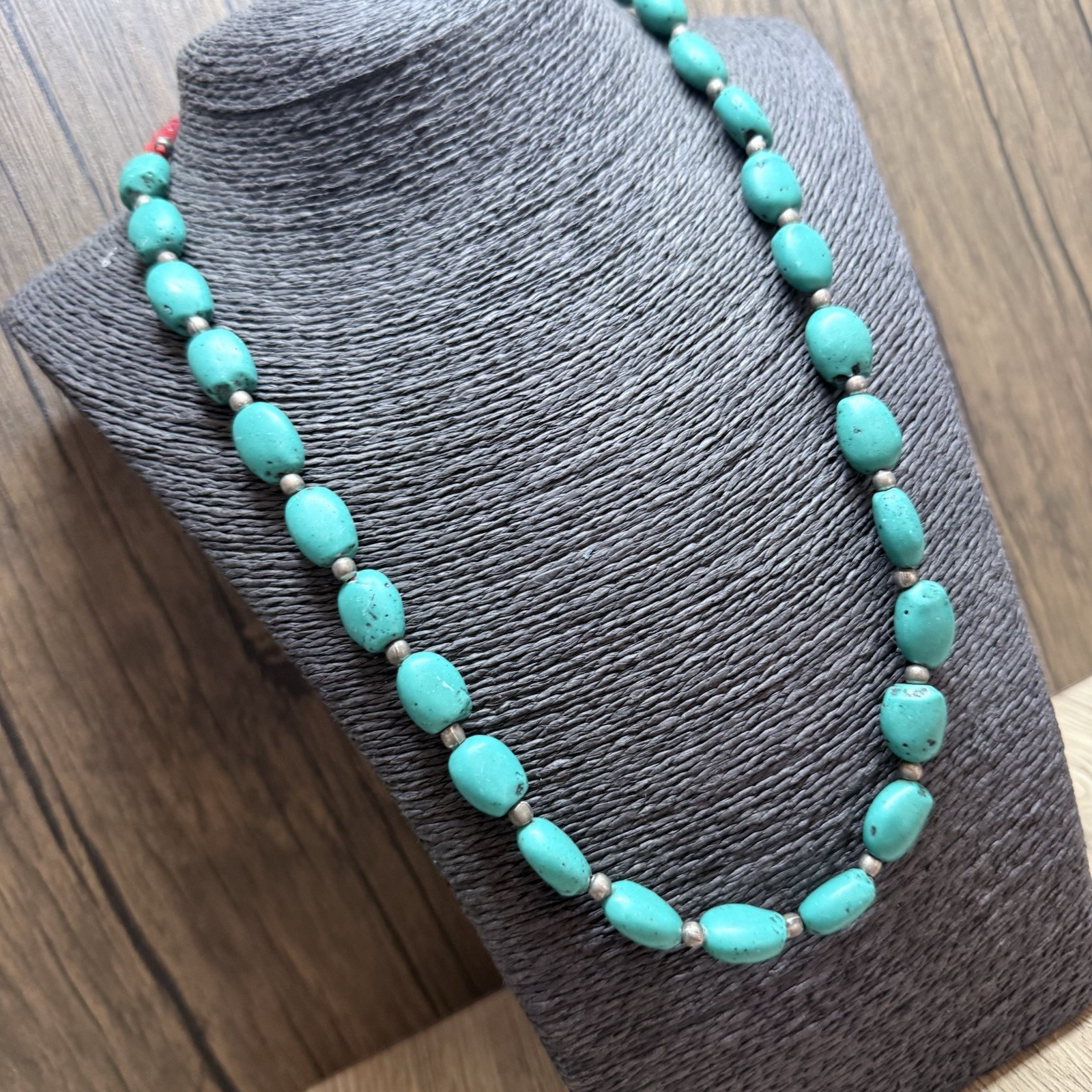 RETRO Turquoise & Coral Colour Beaded Necklace 60cm Adj. Kitsch Pretty Boho