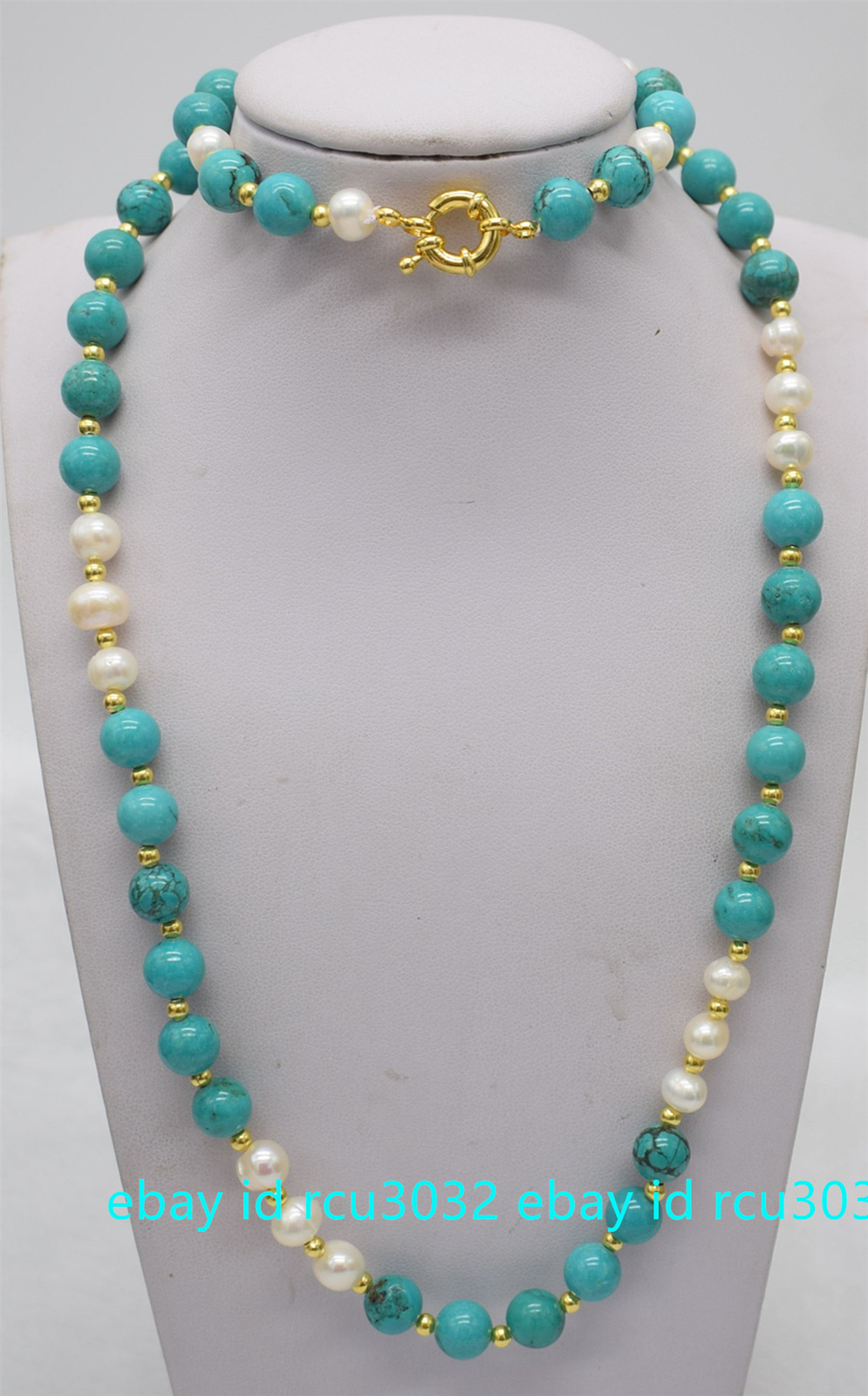 Natural 8mm Blue Turquoise & 7-8mm White Pearl Necklace Bracelet Set 20”