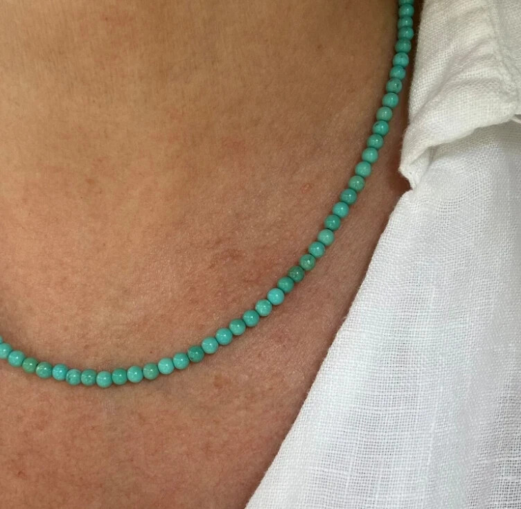 Natural 3mm Turquoise Beaded Choker Necklace Reiki Healing Energy Gift for Women