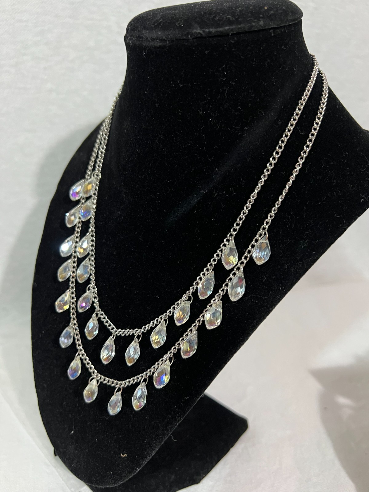 Swarovski Neckless Two Tier Colorless Crystal Beads Tear Drop Silver Chain 9″
