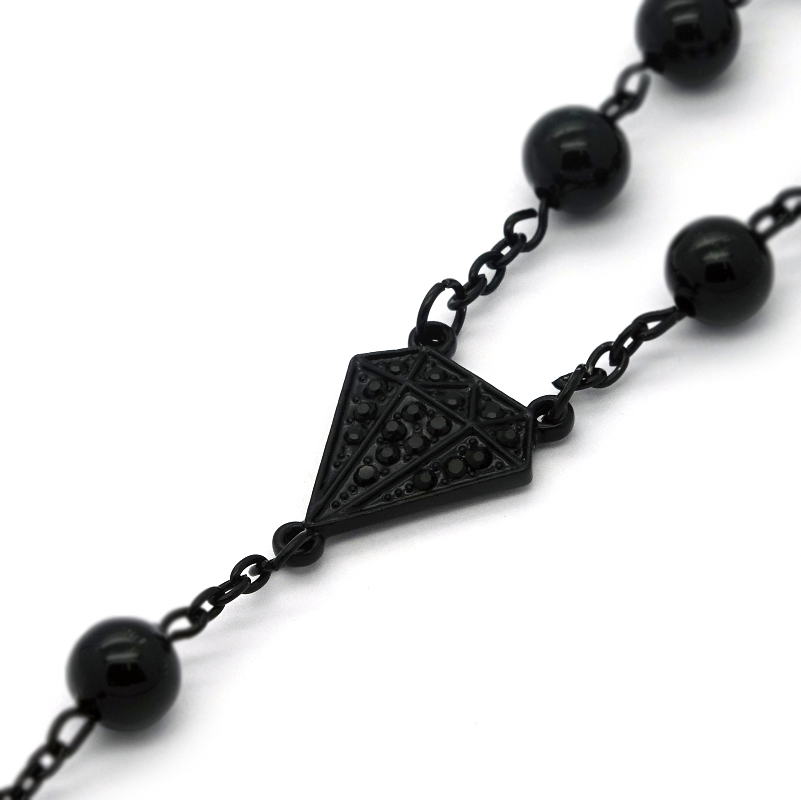 Men’s Hip Hop 8mm BLACK Beads D-Shape Rosary & Jesus Cross Necklace BK