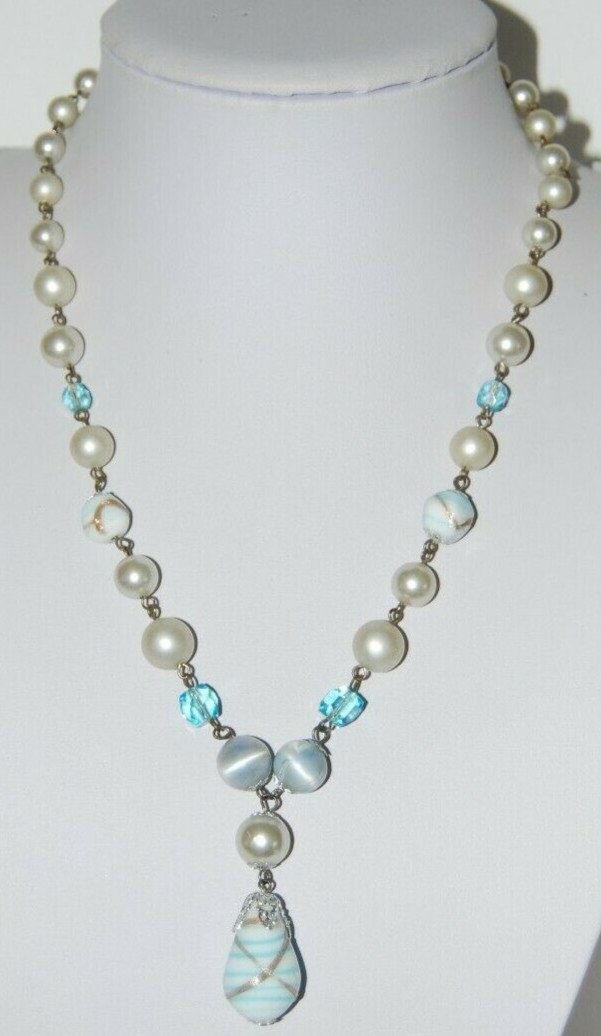 Vtg MCM Japan Light Blue Acrylic Beads And Venetian Style Glass Beads Necklace