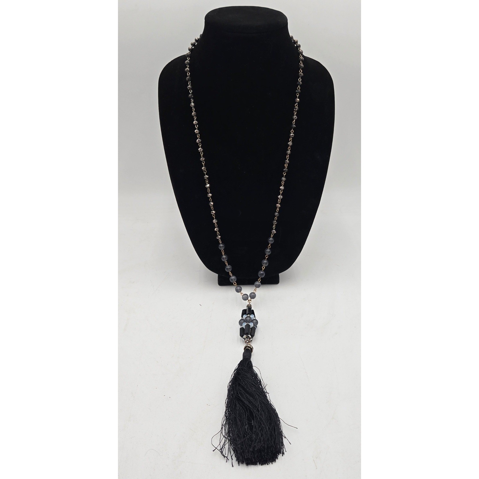 Womens Long Beaded Tassel Necklace Black Grey Faceted Stone Boho Statement