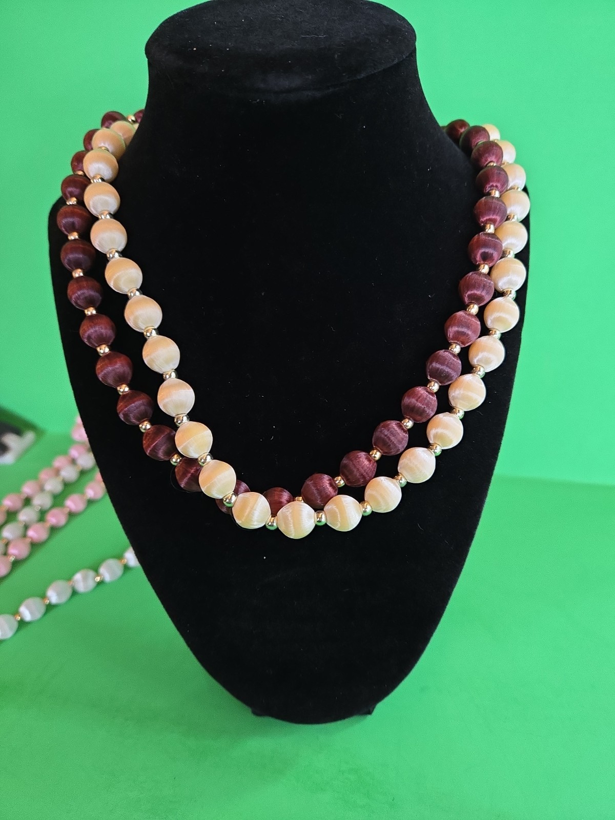 Four Vintage Gold Tone Yellow, Cocoa, White & Pink Silk Satin 14-15″ Necklaces