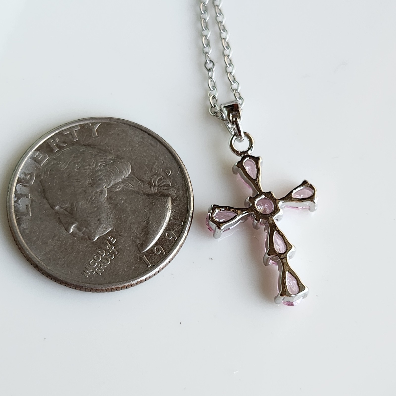 14k White Gold-Plated Pear Pink Tourmaline CROSS 1” Pendant free chain