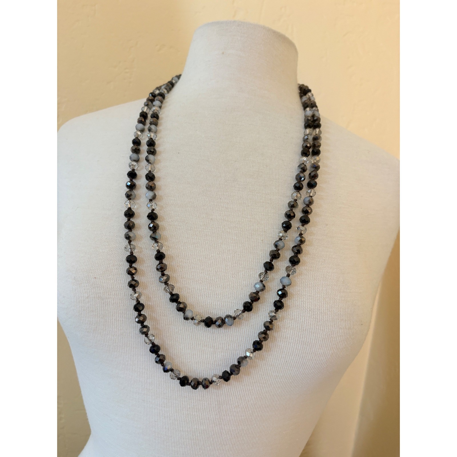 Black Grey Clear Faceted Glass Bead Hand Knotted Opera Length Necklace 60 Inch
