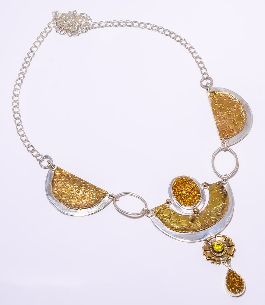 Titanium Golden Agate Drusy 925 Sterling Silver Two Tone Necklace 17.99″ A391