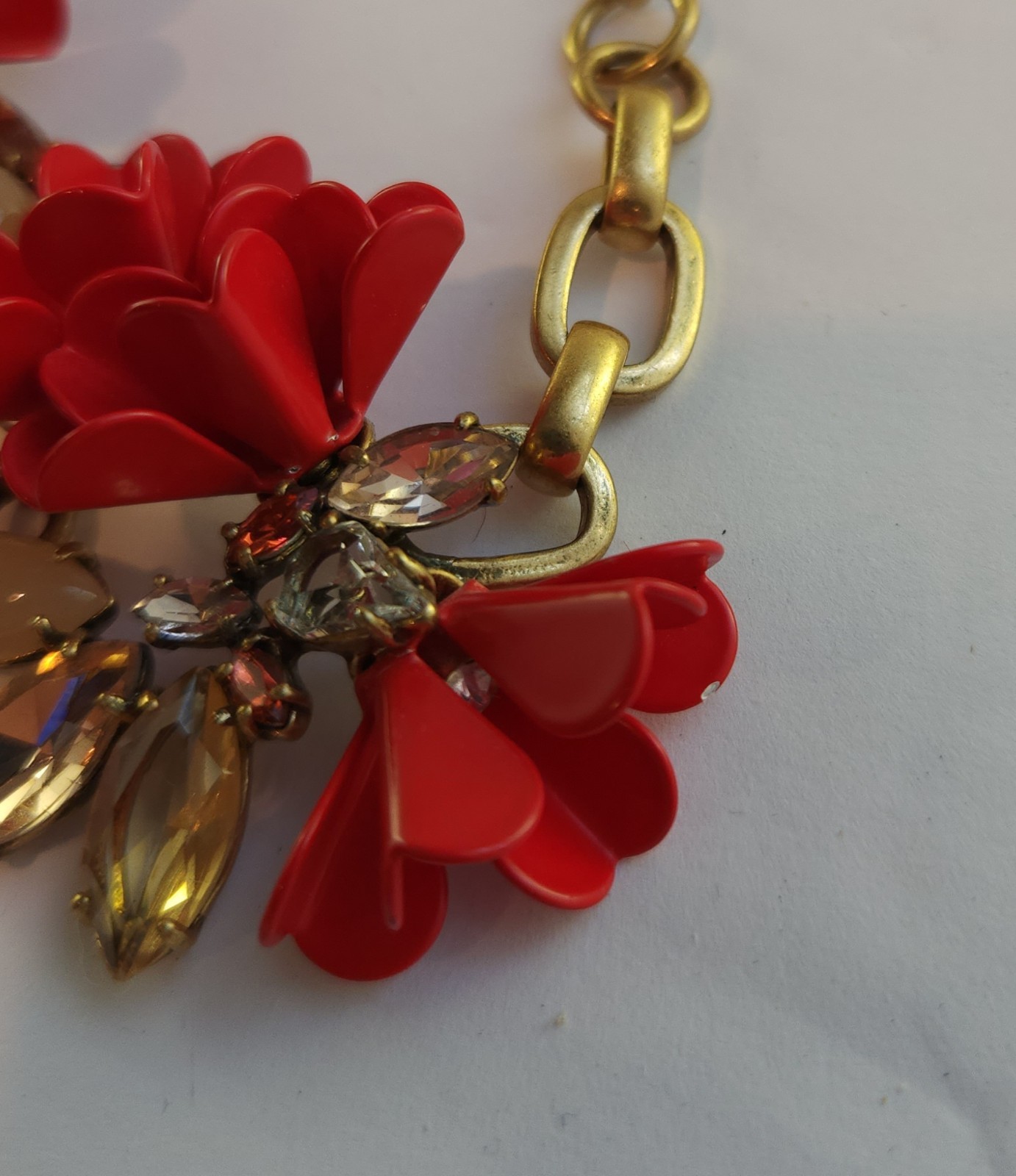 J.CREW Signed Red Flower Collar Statement Necklace Crystal Rhinestone Lobster
