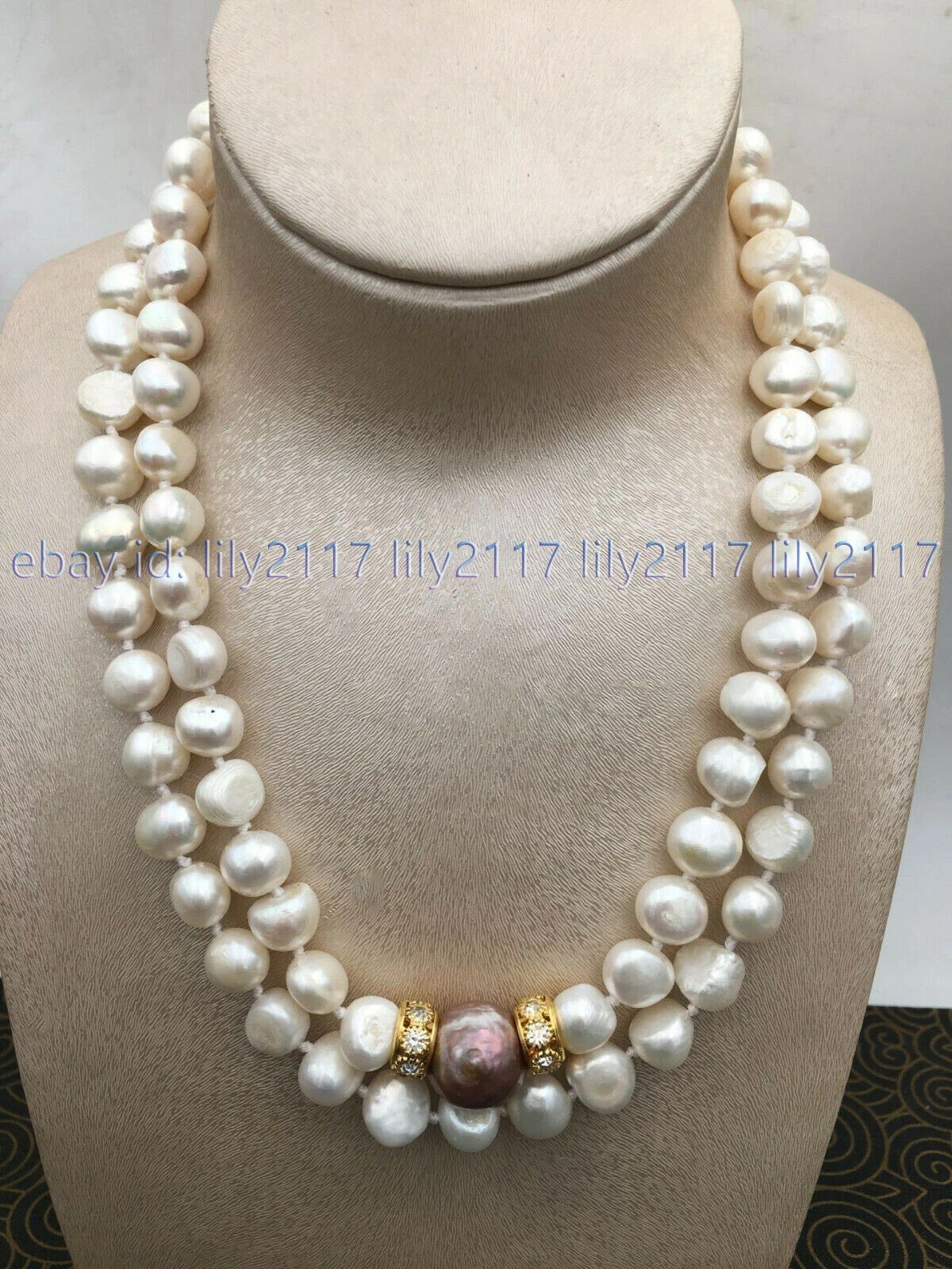 2Row Natural 9-10mm White South Sea Purple 15-16mm Baroque Pearl Necklace 17-18″