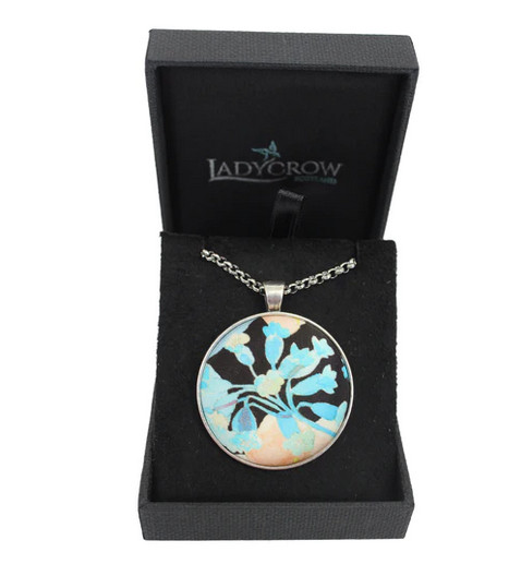 Luxurious Fine Liberty Silk Satin Black Pastel Floral Design Pendant Necklace