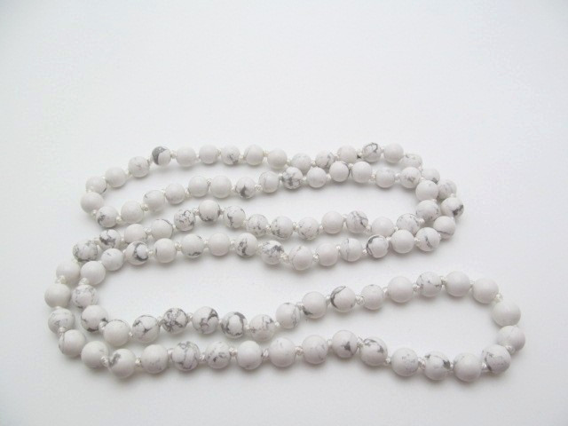 White Marbled Grey Natural Howlite 6.5mm Knotted Stone Necklace 30 In