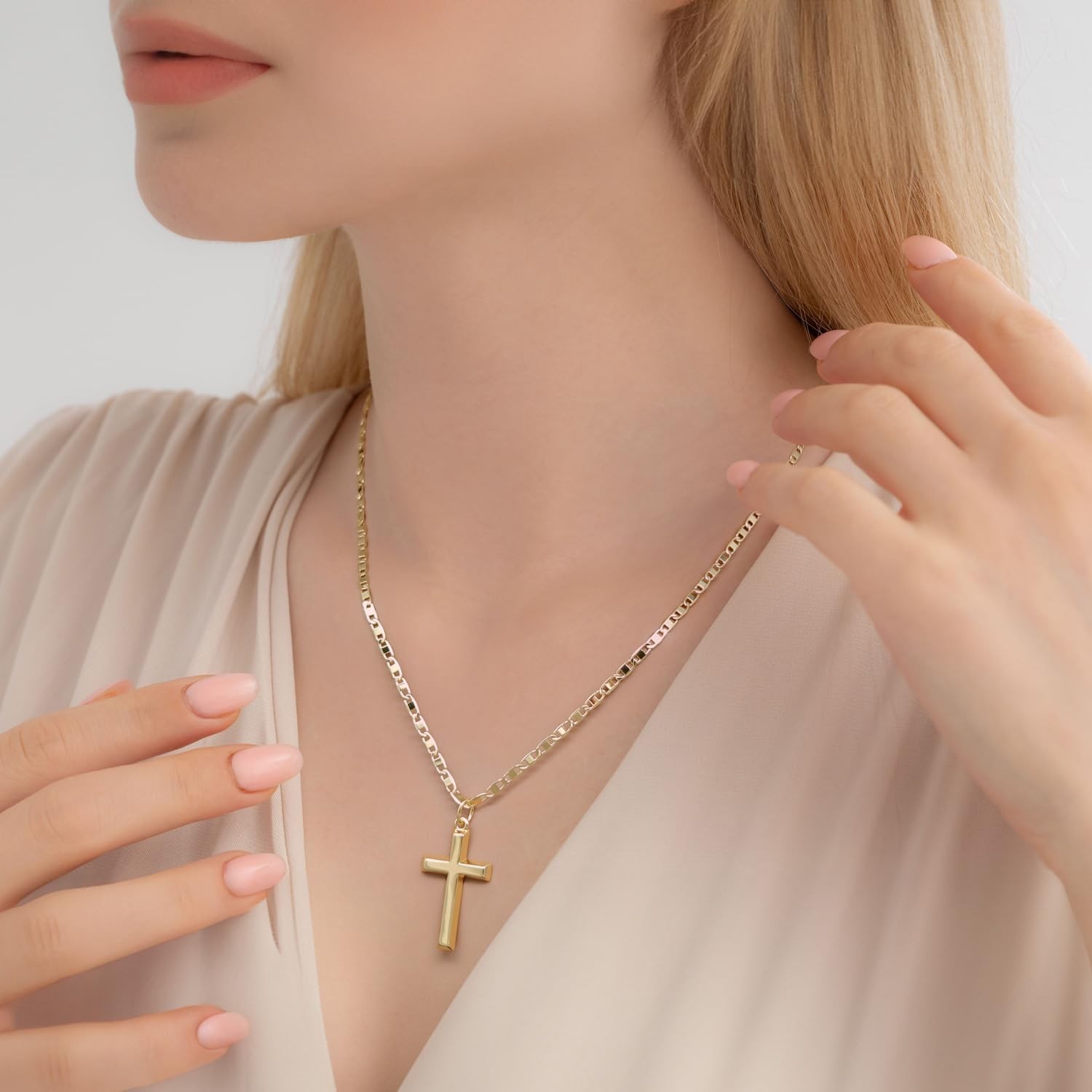 14K Gold Cross Necklace for Women, Figaro Chain Pendant, 19″ Mariner Style, Masc