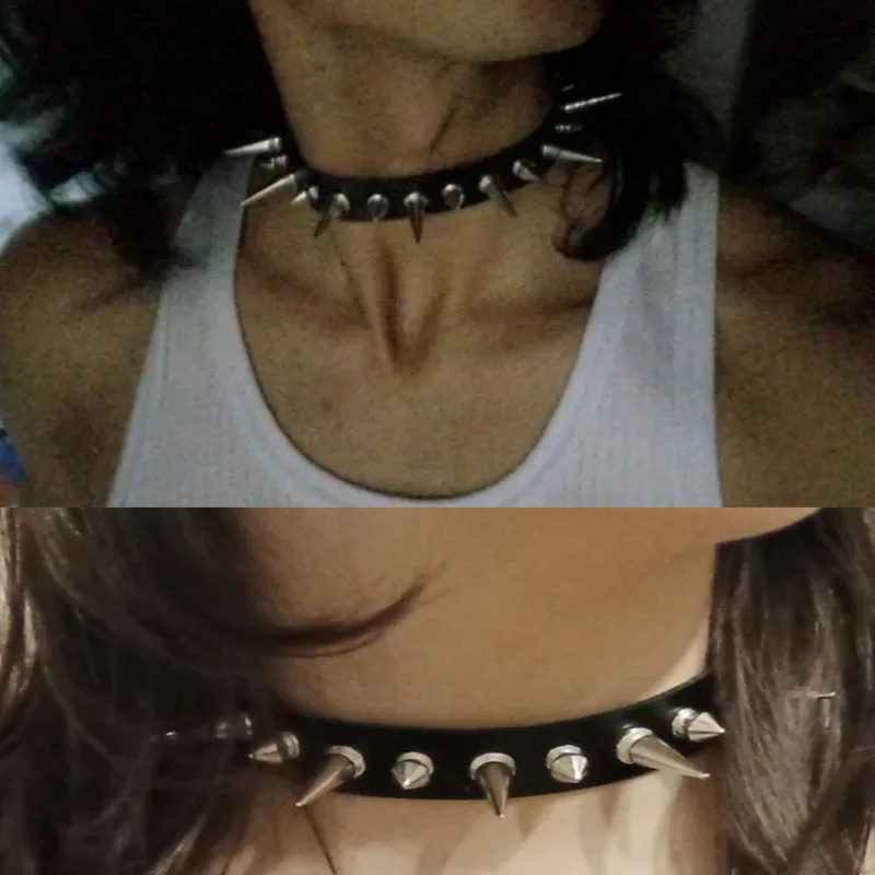 Punk Long Spike Choker Faux Leather Collar Women Men Cool Big Rivets Studded