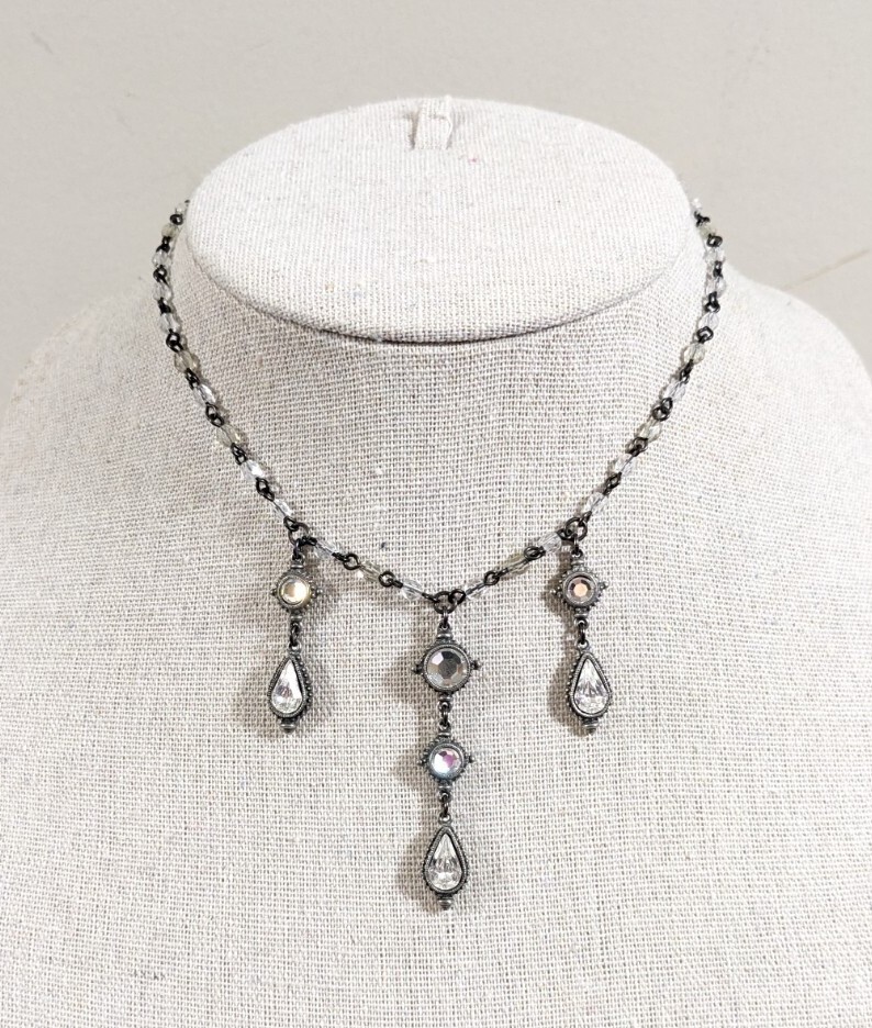 Ben Amun Crystal Dangle Necklace Silver Toned White Colorless Beads Rhinestones
