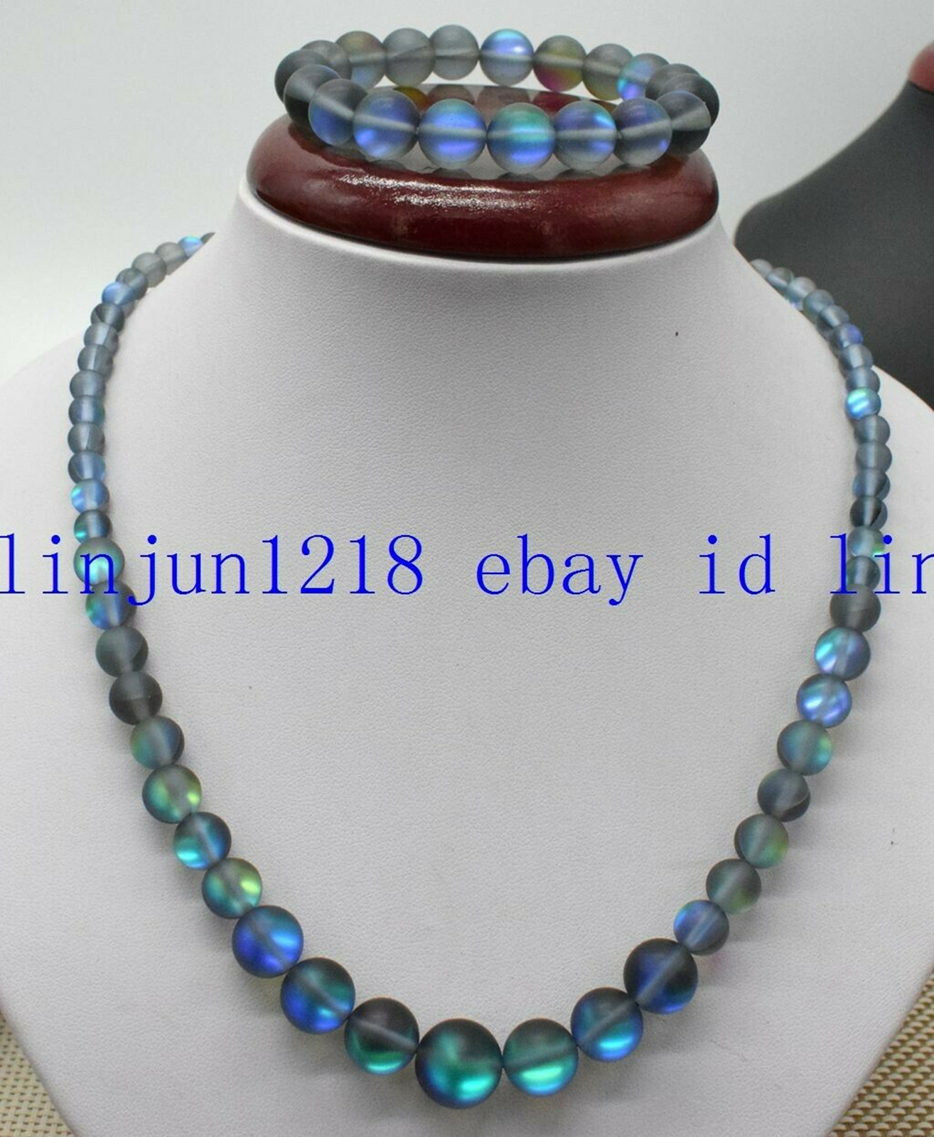 NEW 6-12/10MM Gray Gleamy Rainbow Moonstone Gemstone Bracelet Necklace18/7.5 in
