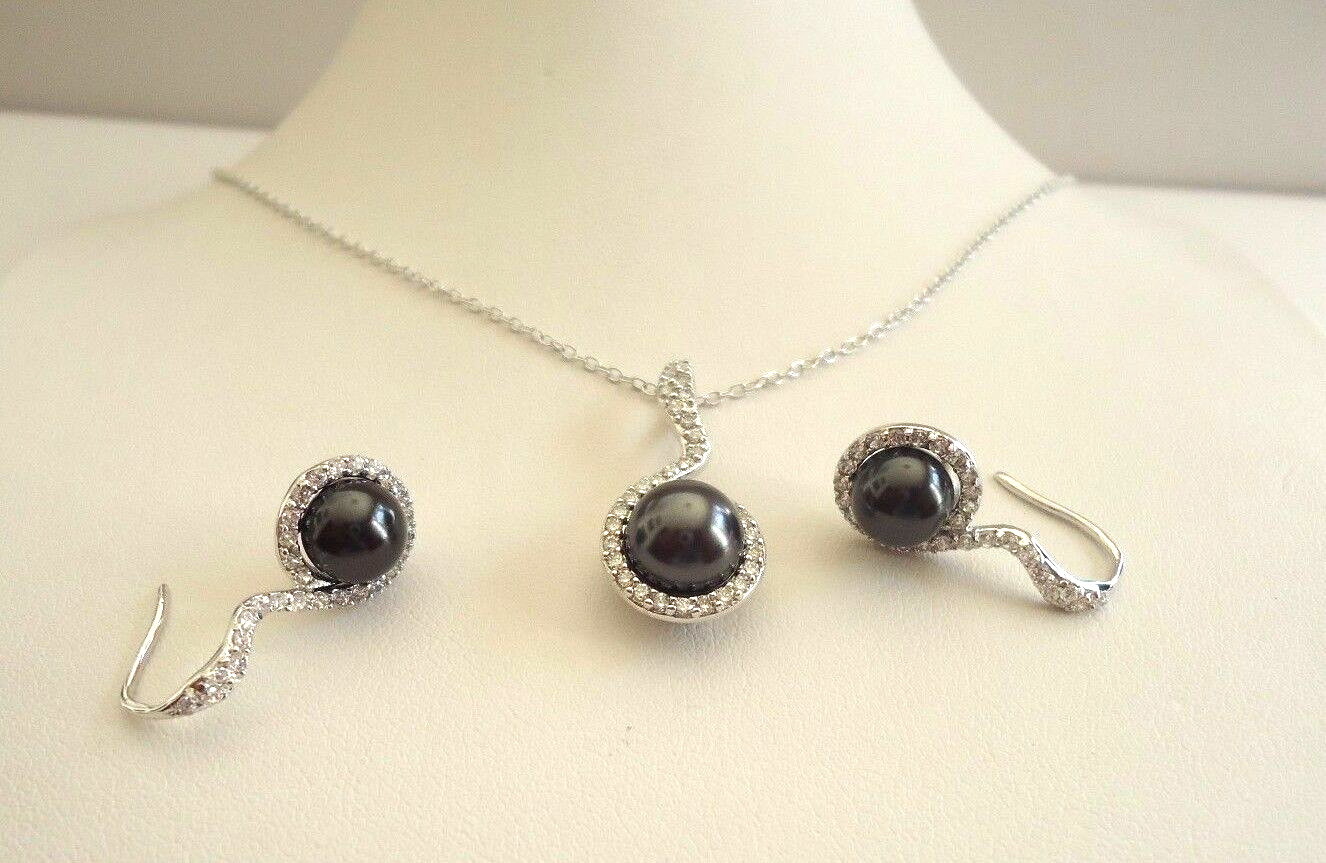 925 STERLING SILVER BLACK PEARL PENDANT & EARRING SET W/ ACCENTS/18”CHAIN