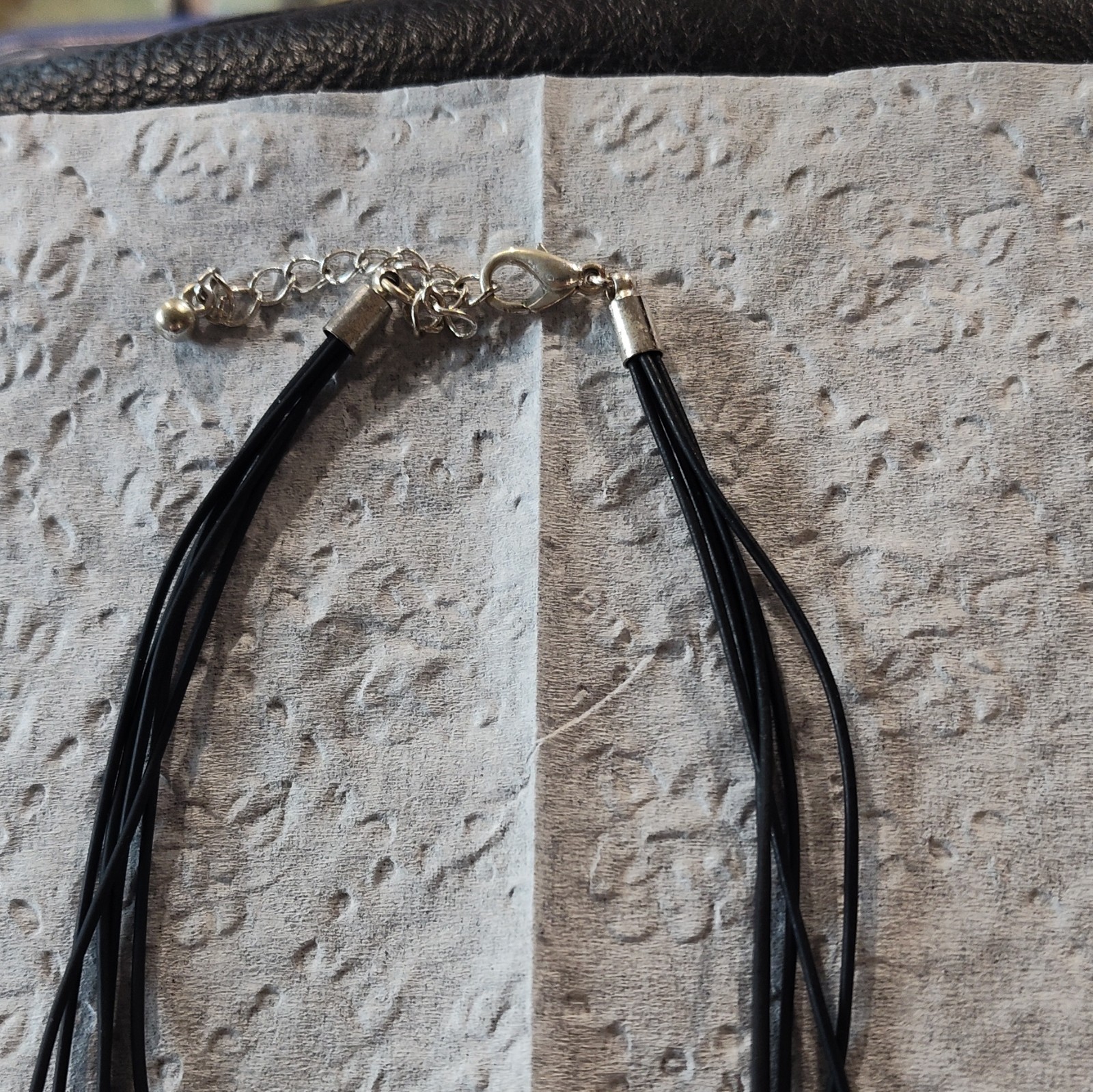 Black Multi-Strand Cord Necklace Round Silver Tone Pendant Rubber Metal Lobster