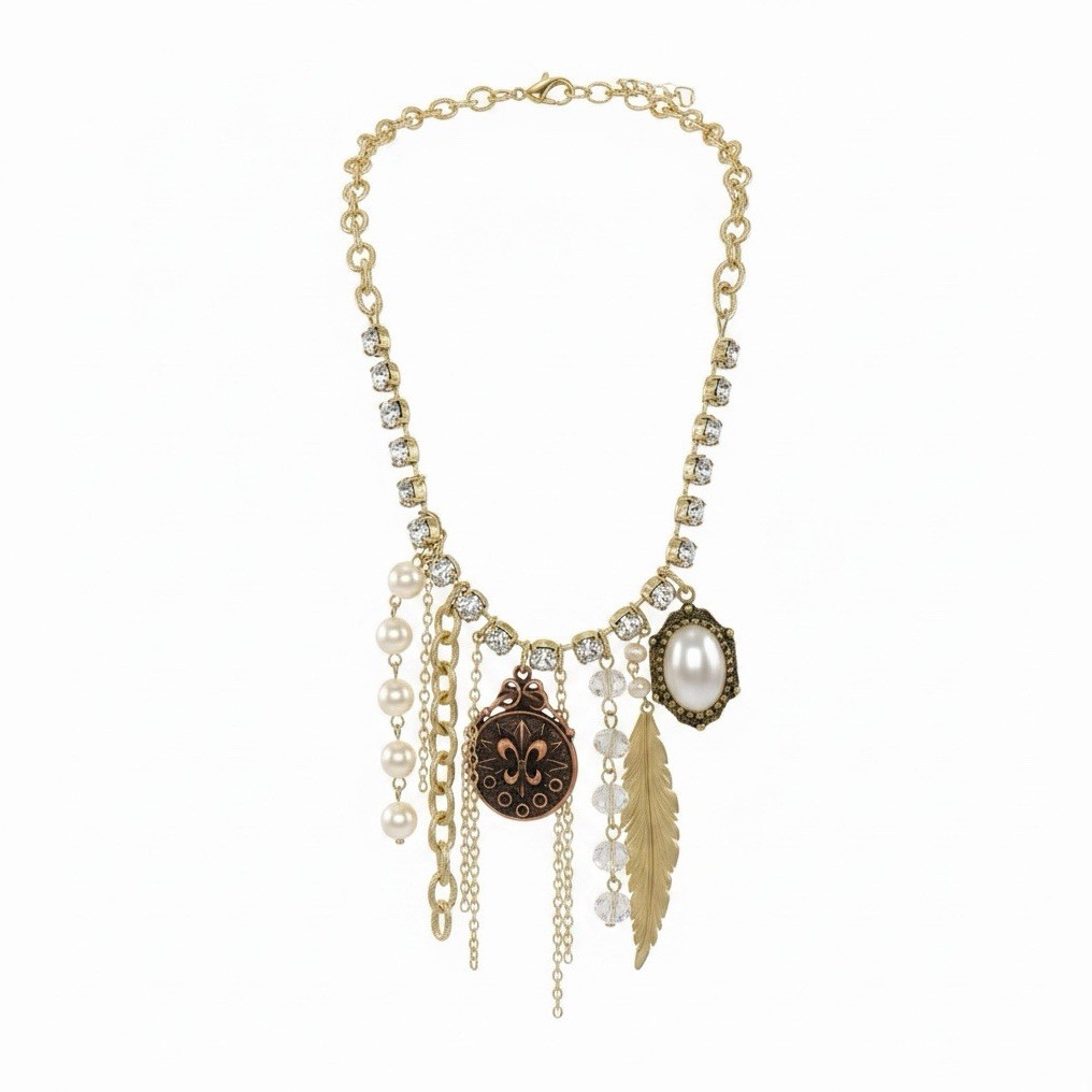 Gold Plated Imitation Pearl & Crystal Charm Pendant Cable Chain Necklace, Adj