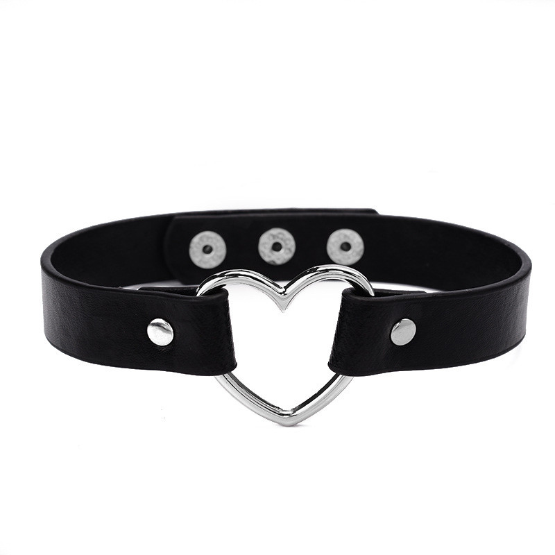 Heart Choker Necklace Faux Leather Collar Black Pink Adjustable Rivet Chocker
