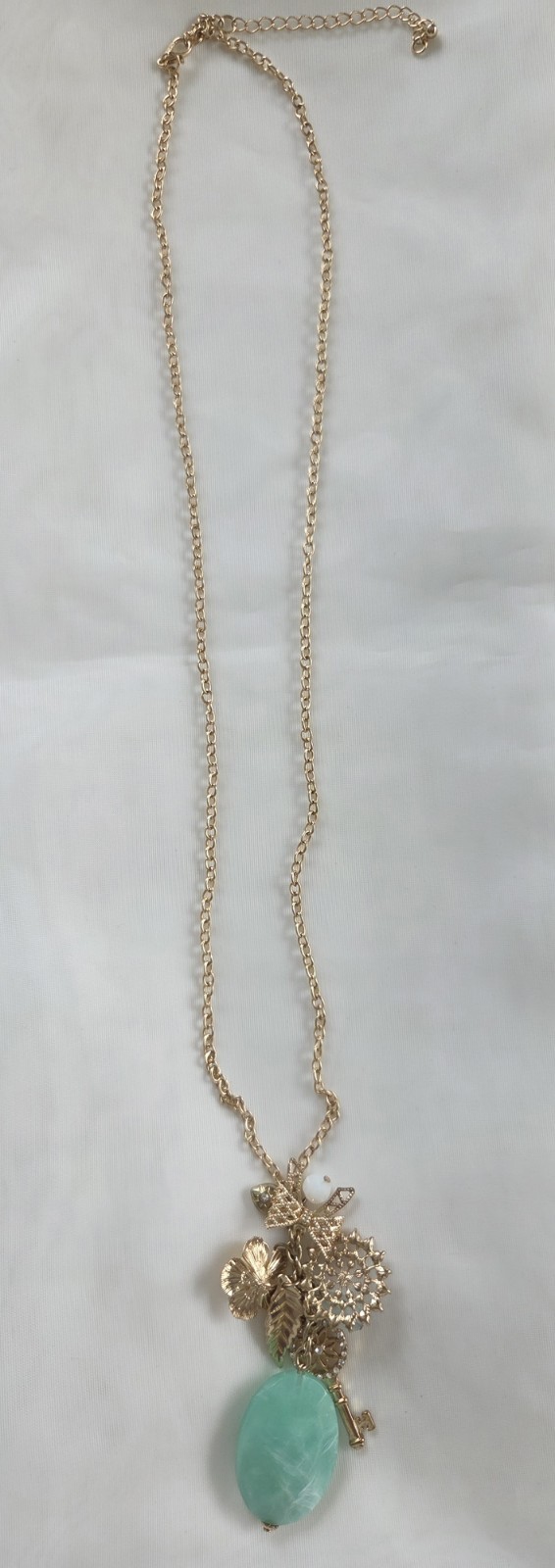 Gold Tone Cable Chain Necklace Green Oval Pendant, Adjustable