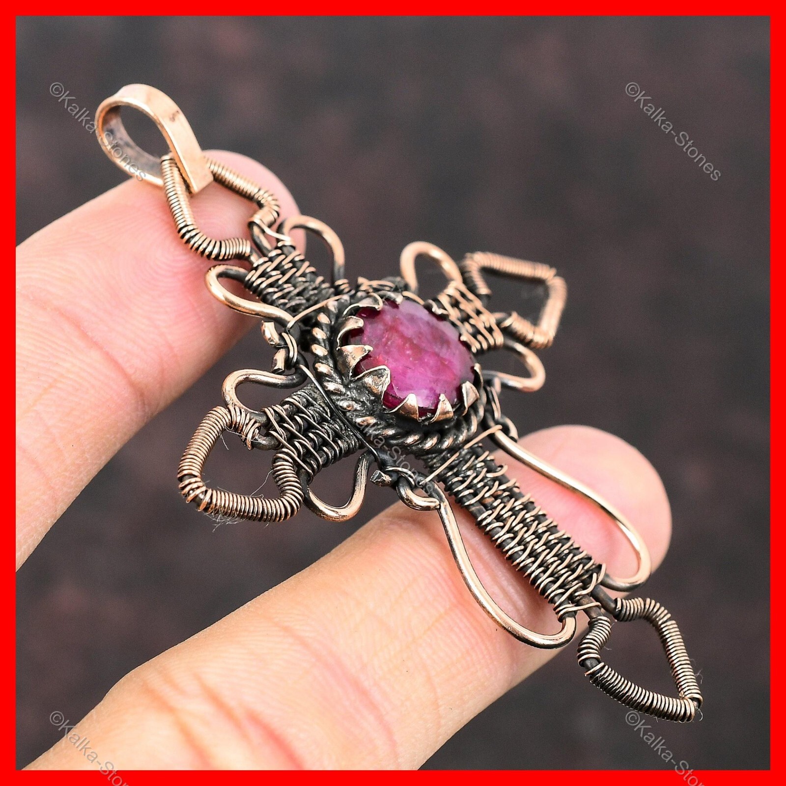 Kashmir Rubi Gemstone Copper Cross And Wire Wrapped Ethnic Wife Pendant Jewelry