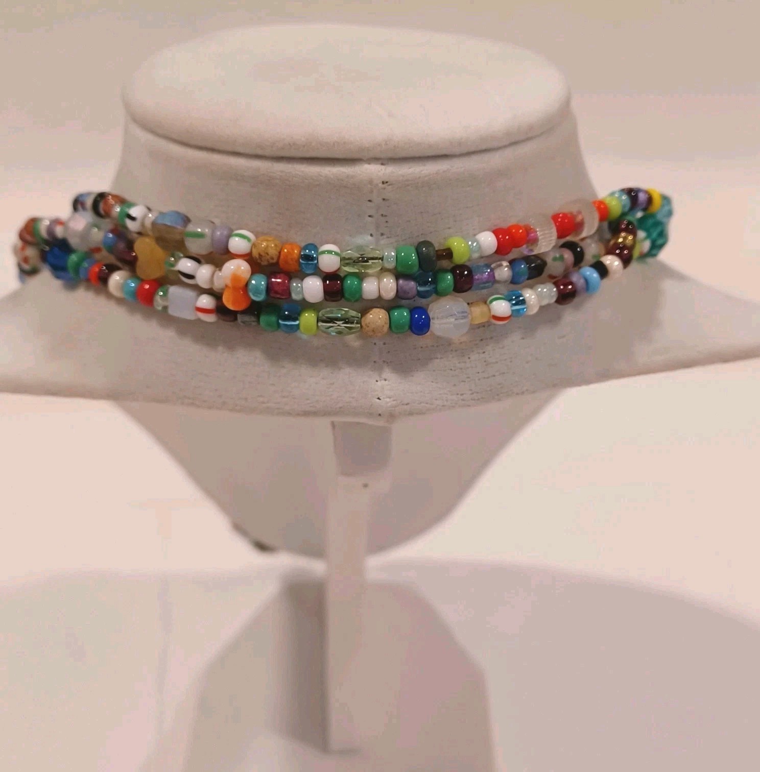 Long Glass Beaded Necklace 34″ Colorful 100s Of Glass Beads Round Hearts Oval