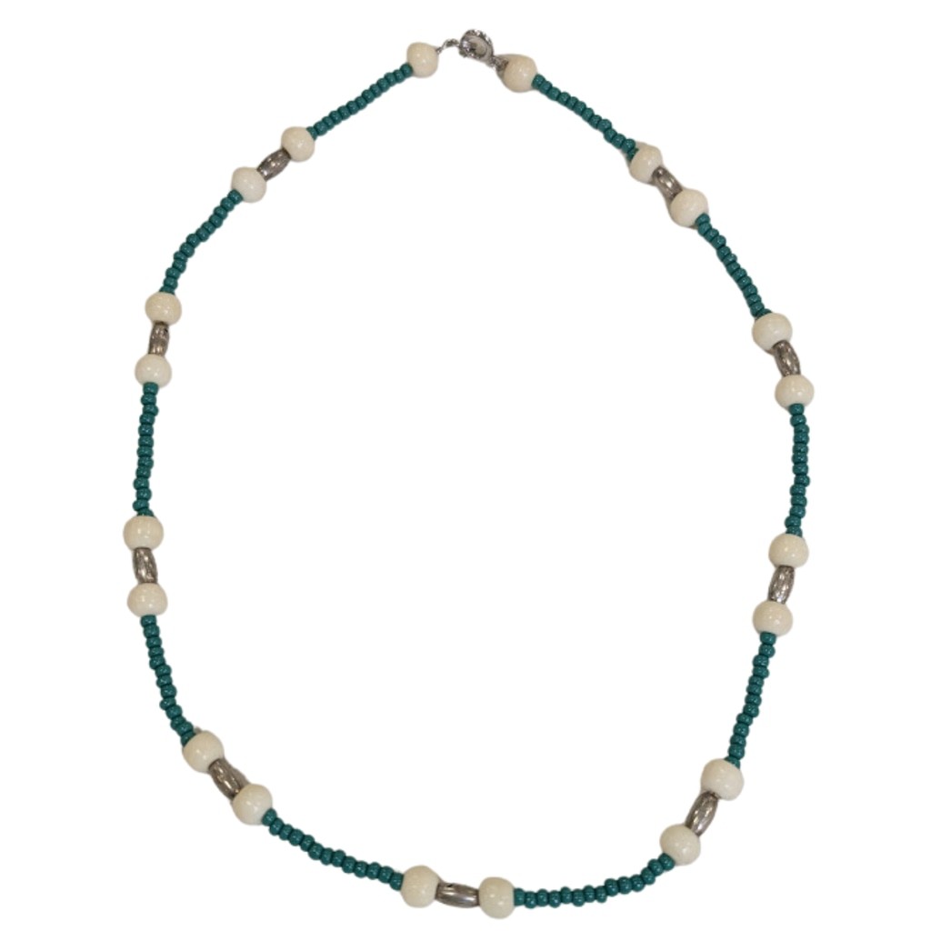 Coastal Boho Beaded Necklace | Turquoise Silver Tone Accents