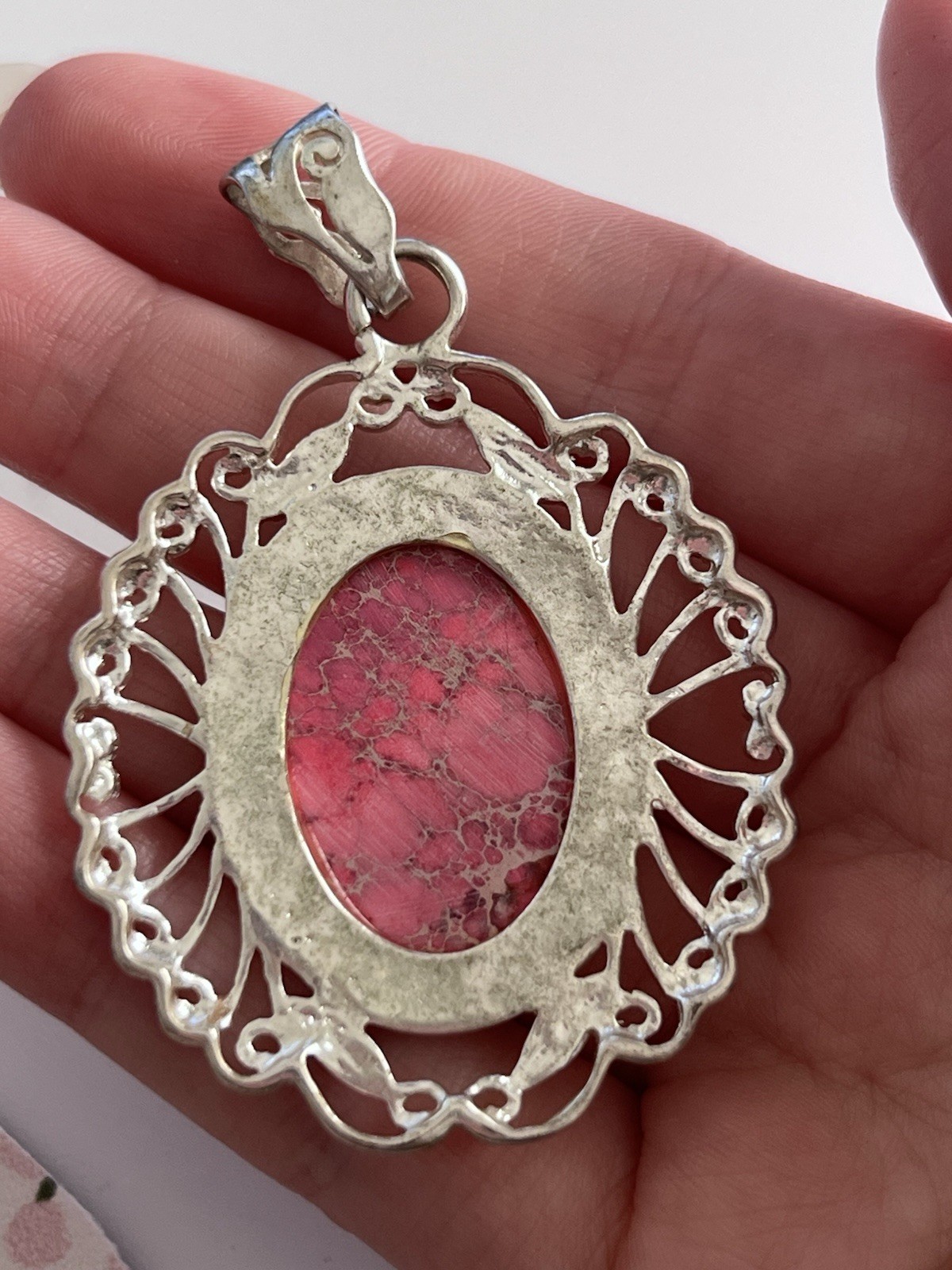 Silver Tone Faux Turquoise Oval Pendant Pink Stone Cabochon Bezel Setting