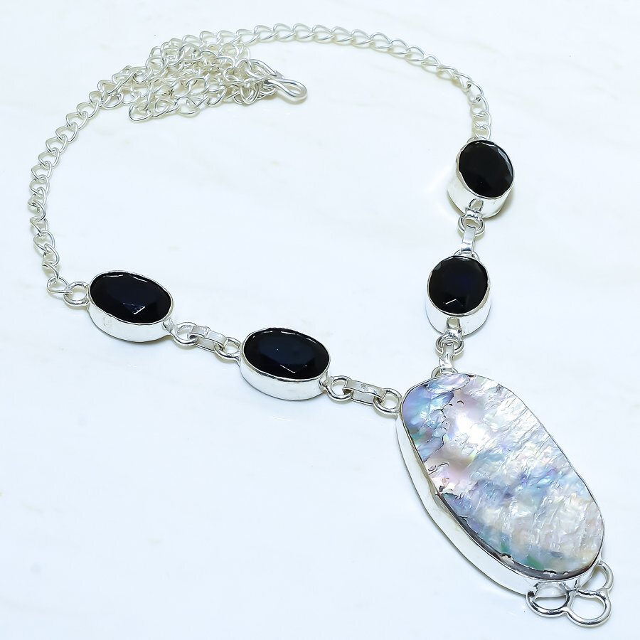 Abalone Shell, Black Onyx Gemstone Handmade Silver Jewelry Necklace 18″ NRJR3729