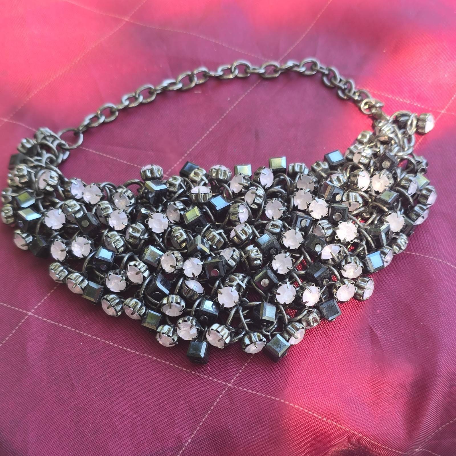 Multi-Strand Silver Tone & Black Crystal Rhinestone Statement Choker Necklace