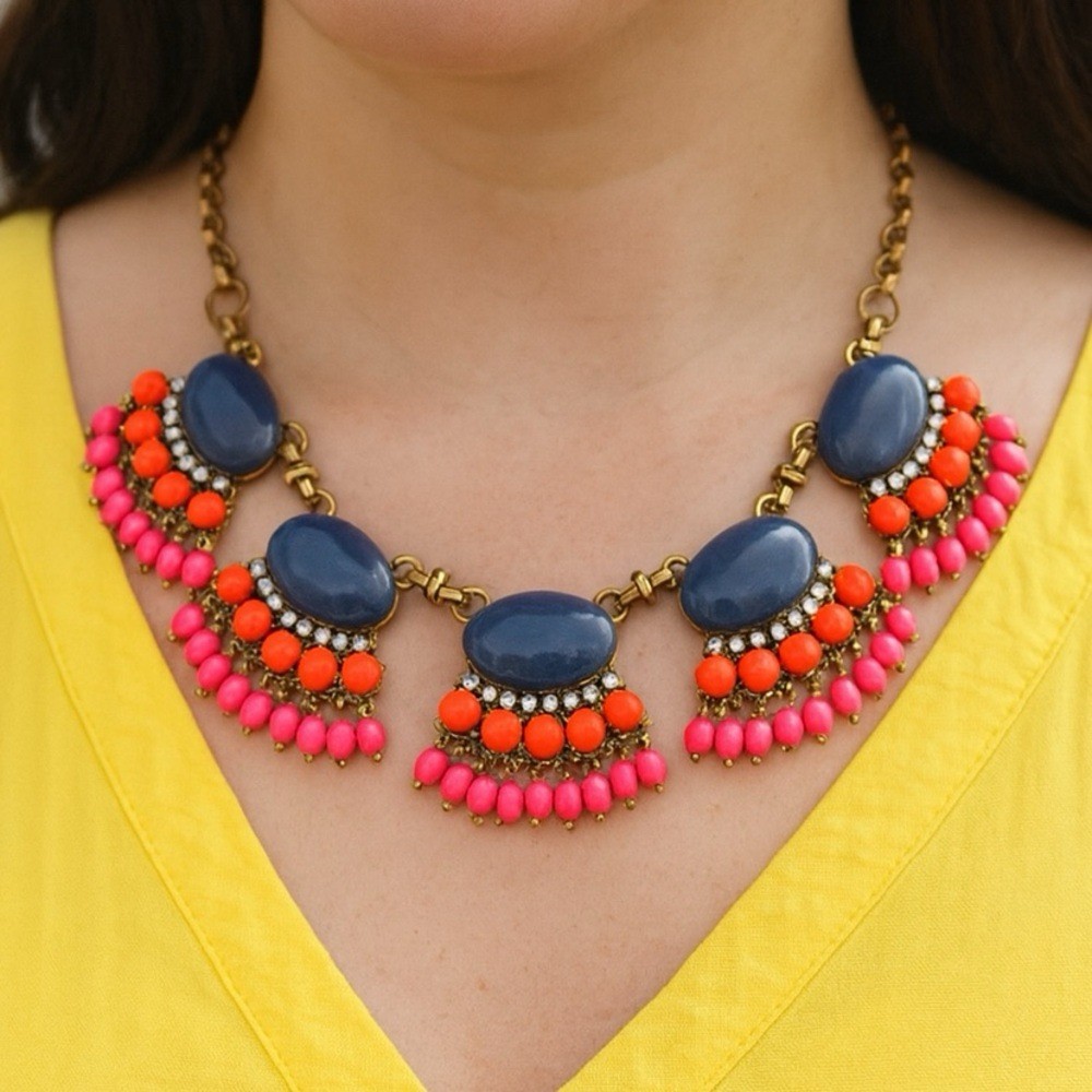 J.Crew Fan Fringe Statement Necklace Navy Blue Coral Pink Beaded Bib Chunky