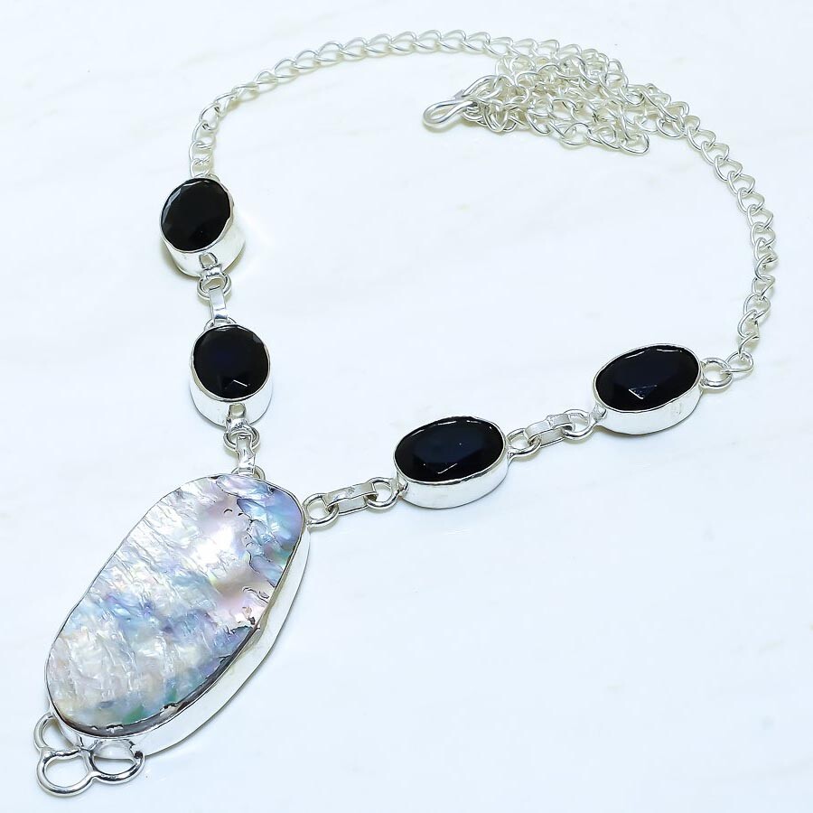 Abalone Shell, Black Onyx Gemstone Handmade Silver Jewelry Necklace 18″ NRJR3729