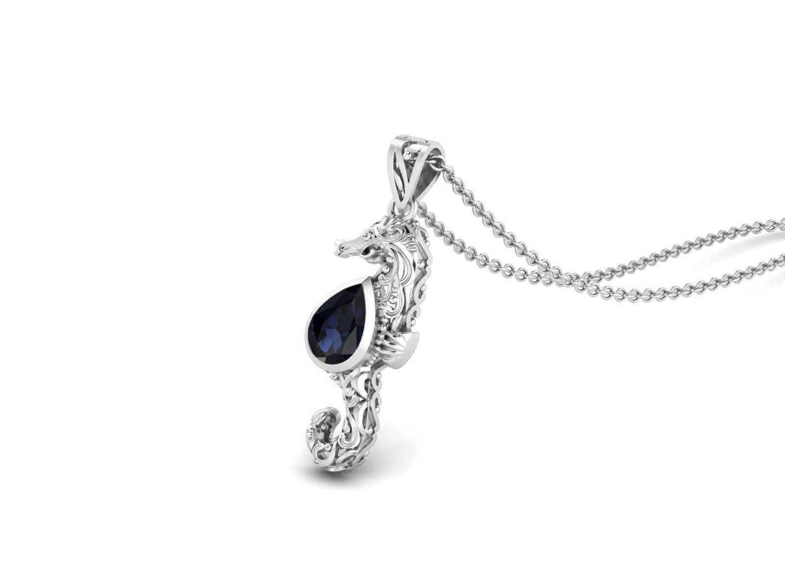 10x7MM Pear Shape Blue Sapphire 925 Sterling Silver Seahorse Fish Women Necklace