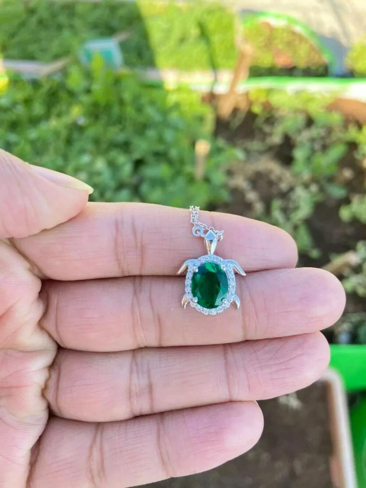 2.00Ct Oval Simulated Emerald Turtle Pendant With 18″Chain 14K White Gold Plated