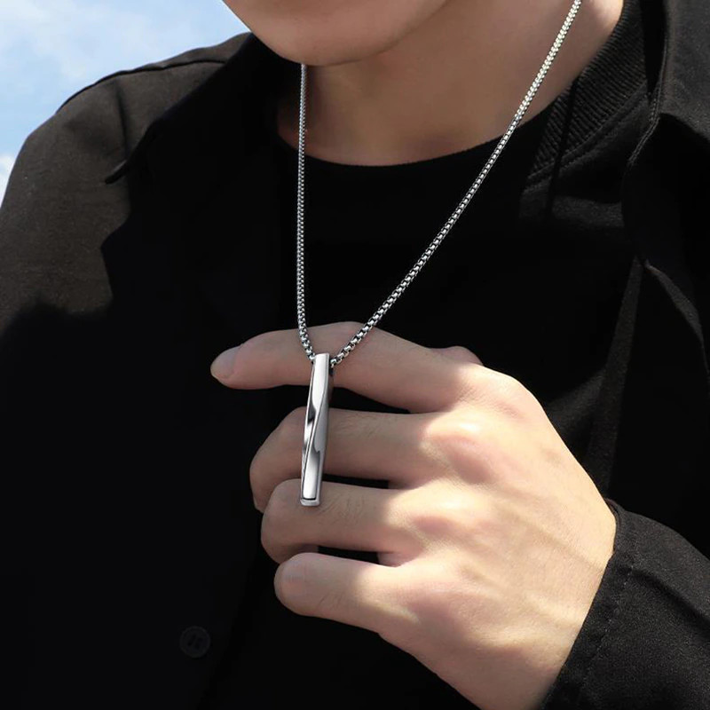 Men’s Fashion Jewelry Minimalist Twisted Silver Bar Pendant Necklace 351
